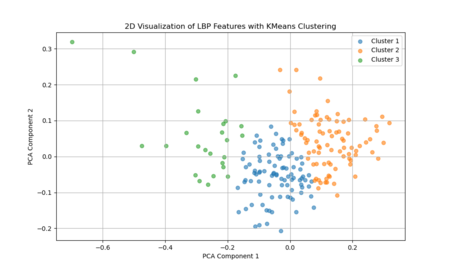 Kmean clustering on PCA(n_components=2) of LBP features